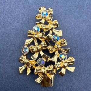 Vintage 1992 Avon Christmas Tree Brooch Pin Gold Tone Bows AB Blue Rhinestone